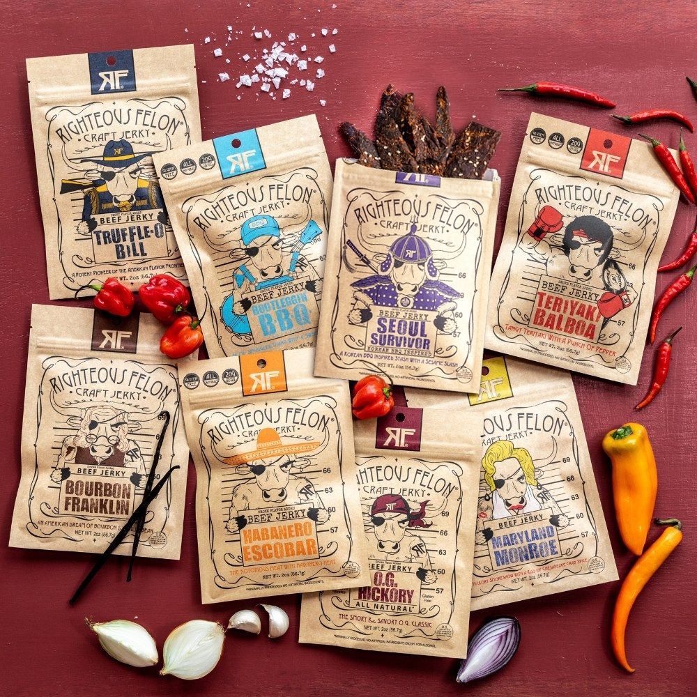 Righteous Felon Premium Beef Jerky Protein Pack | 8 Meat Snacks T0