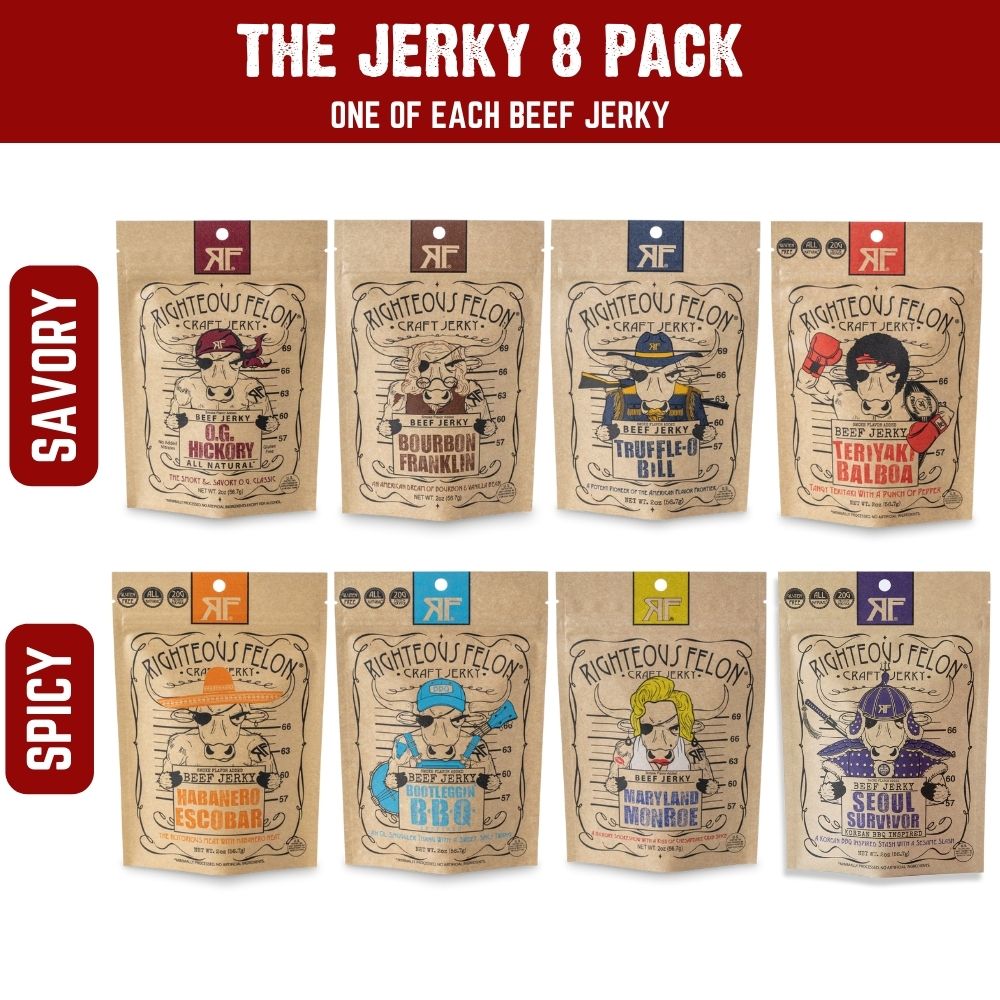 Righteous Felon Premium Beef Jerky Protein Pack | 8 Meat Snacks T0