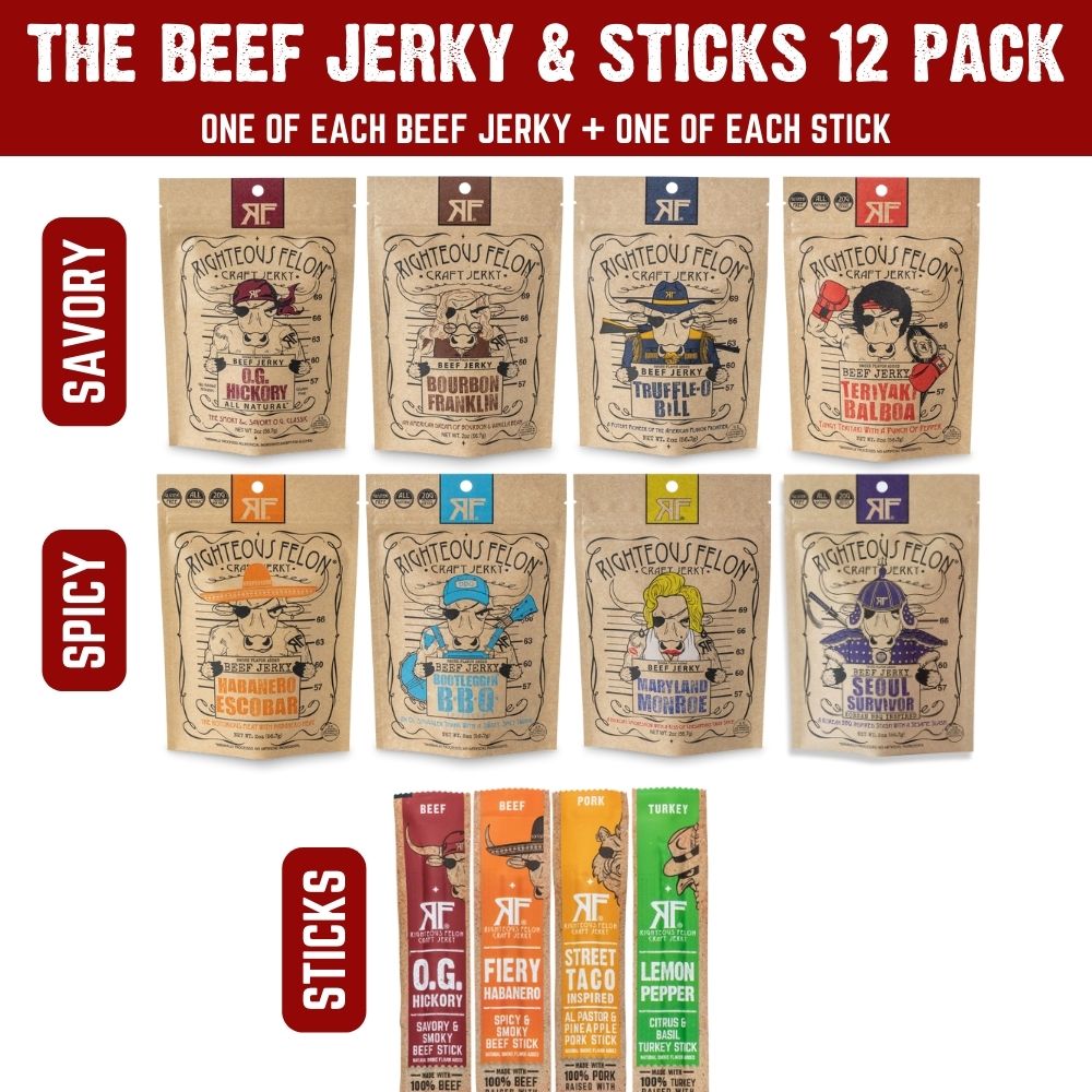 Righteous Sampler Beef Jerky & Meat Sticks (12-Pack) I5