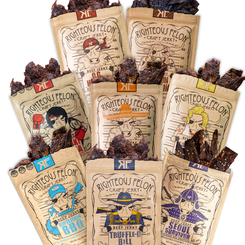 Righteous Felon Premium Beef Jerky Protein Pack | 8 Meat Snacks T0